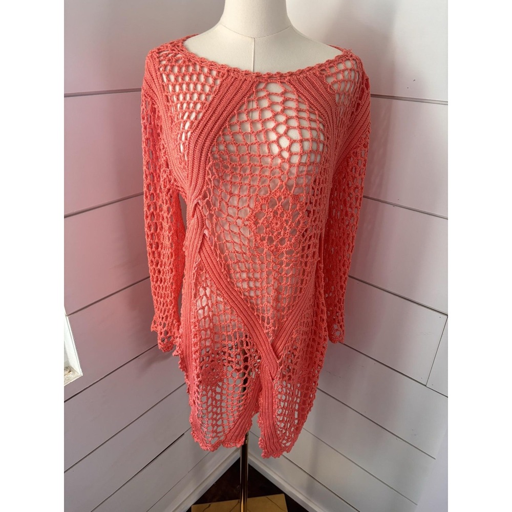 Umgee Sweater Tunic Womens Large Pink Crochet Open Knit Sheer Beach Coverup Boho